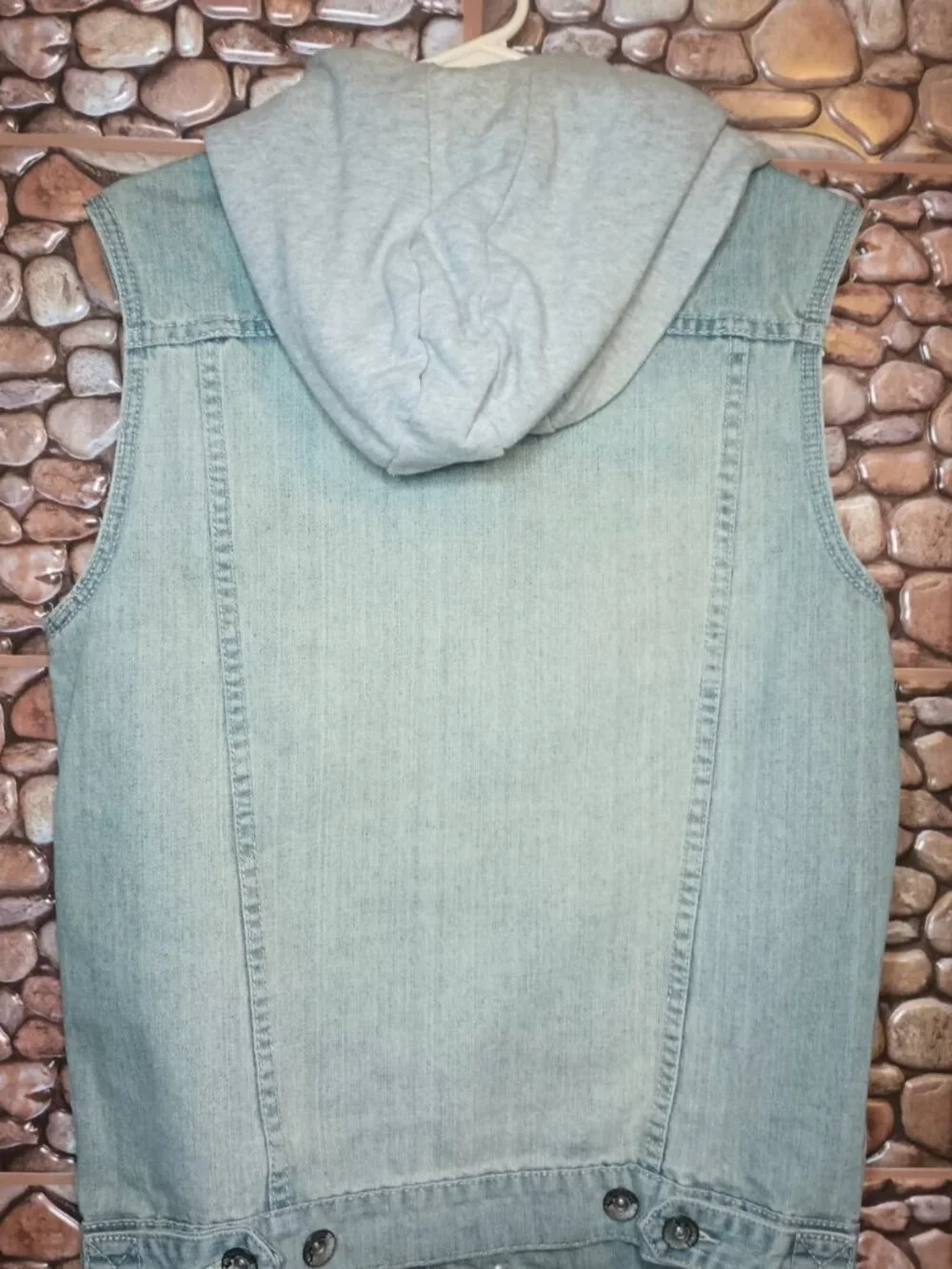 Sleeveless Denim Vest Detachable Hood Stone Wash Blue & Gray Size M Grunge - Picture 12 of 16
